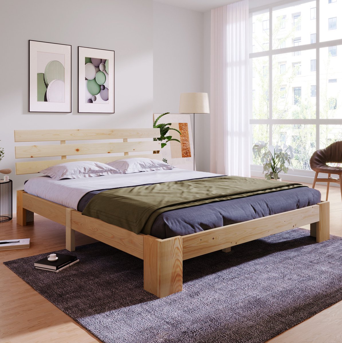 COVREO Bedframe 140x200 cm naturel grenen met hoofdbord zonder matras