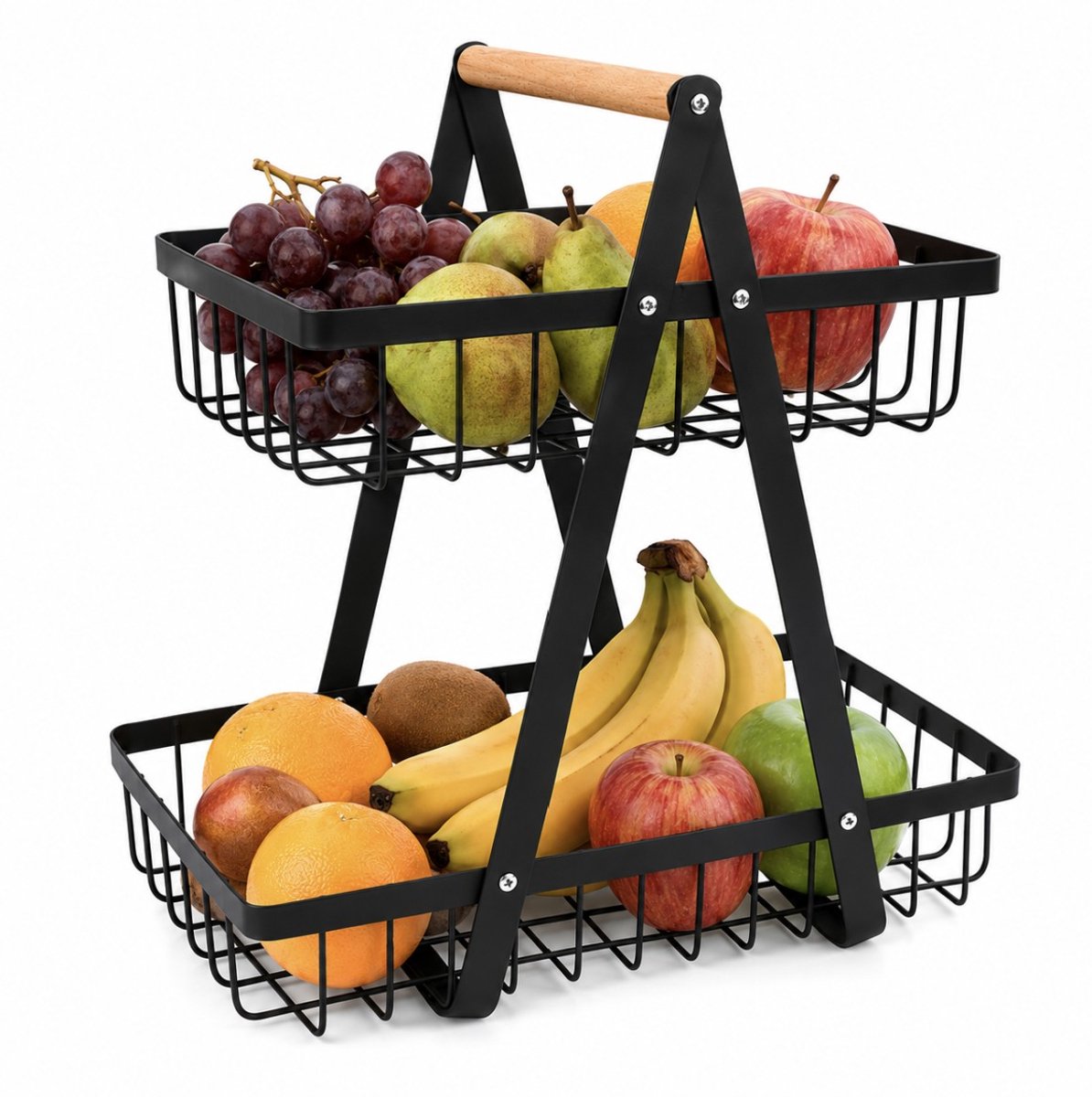 BSS® Fruitschaal Etagère 2 Verdiepingen – Fruitmand met Houten Greep – Zwarte Metalen Fruitschaal voor Fruit, Groenten en Snacks