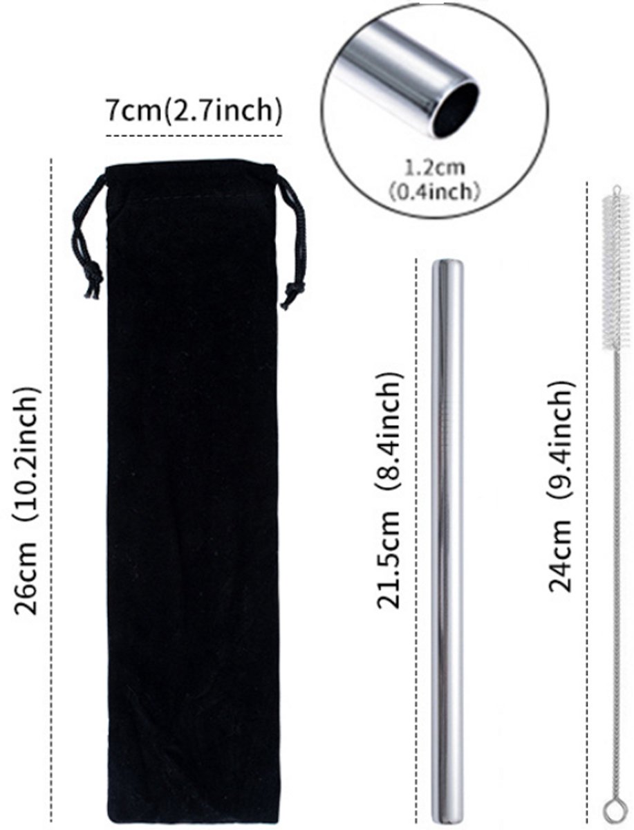 5 stuks - boba rietje - rvs drinkrietje - metalen rietje - zilver - herbruikbaar rietje - tapioca riet - Roestvrijstalen Bubble Tea Riet Set - Duurzame Metalen Drinkrietjes voor Smoothie en Milkshake - Inclusief schoonmaakborstel en opbergtas — cadeau in Kookcadeaus - foto 2