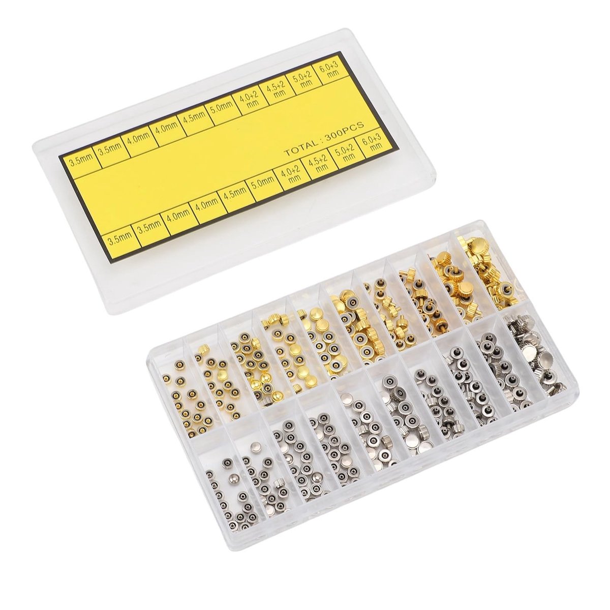 Dailygoods- Horlogekroon Set 300 Stuks - Roestvrij Stalen Horlogekronen - Reparatie Gereedschap - Opbergdoos - Naadloze Vervanging - Diverse Maten - Horlogeonderdelen
