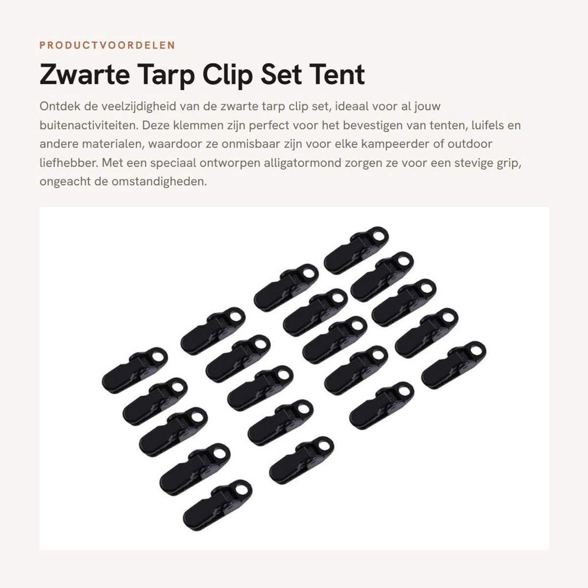 Dailygoods- Tarp Clips Set van 20 - Zwarte Zeilklemmen - Kunststof Antislip - Lichtgewicht en Duurzaam - Voor Buitenactiviteiten - Stabiliteit en Draagkracht - Tentklemmen