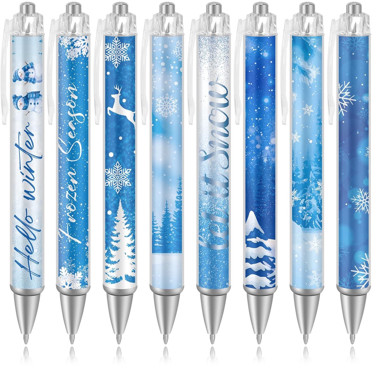Dailygoods- Balpen Set van 8 - Winterthema - Sneeuwvlok/Rendier/Kerstboom - Hoogwaardige Kunststof - Zwarte Inkt - Perfect voor Feestjes - Pennen