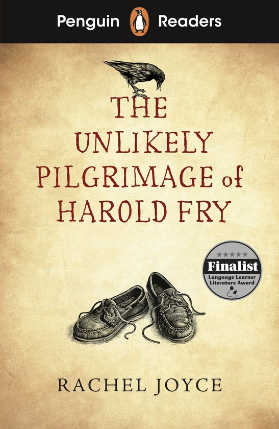 Couverture du livre The Unlikely Pilgrimage of Harold Fry avec une illustration d'une paire de chaussures et d'un corbeau. Titre et nom de l'auteur visibles.
