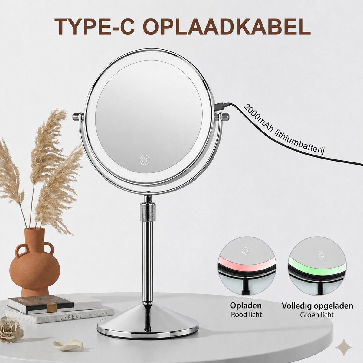 KHRONOX® Make Up Spiegel, Make-Up Spiegel Met LED Verlichting, 10x Vergroting, 3 Lichtstanden, USB Oplaadbaar, 2000 Mah, Vergrootspiegel, Make Up Spiegel 10x Vergroting, Badkamerspiegel, Scheerspiegel, 360° Draaibaar, Valentijnsdag, Cadeautje, ZILVER — cadeau in Verzorging - foto 4