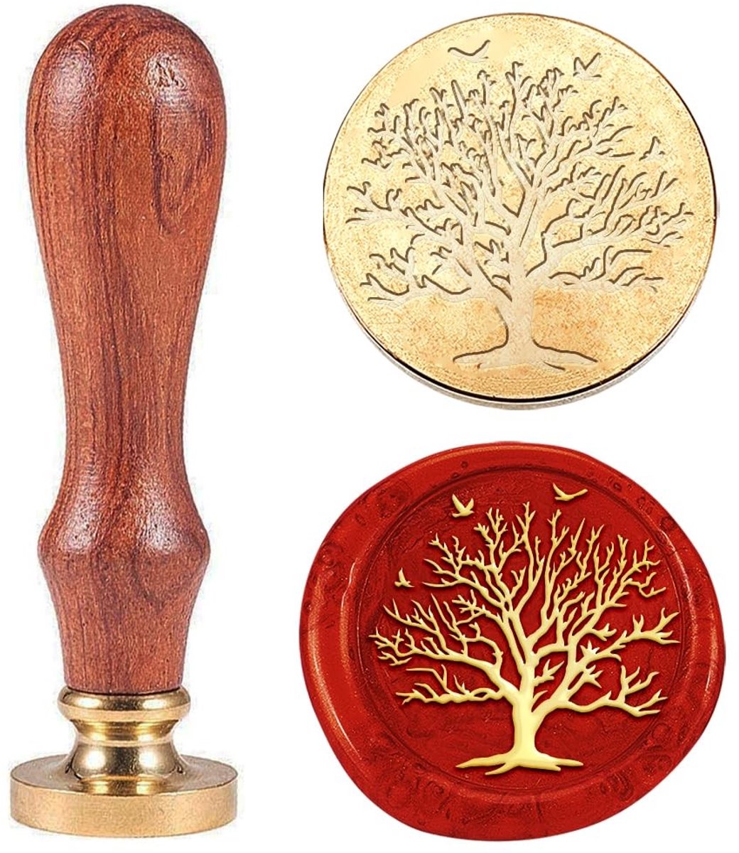 Dailygoods- Zegelstempel Verwisselbare Enveloppen - Houten Handvat - Messing Kop - Boompatroon - Cadeaupapier Decoratie - Eenvoudig in Gebruik - Waszegel
