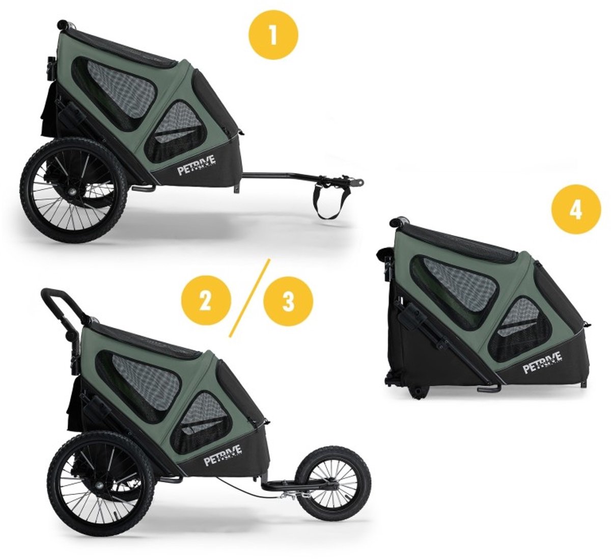 PETRIVE Hondenfietskar 3-in-1 – Opvouwbare Fietskar, Jogger en Transportkennel – Voor Hond en Kat tot 30 kg – Groen