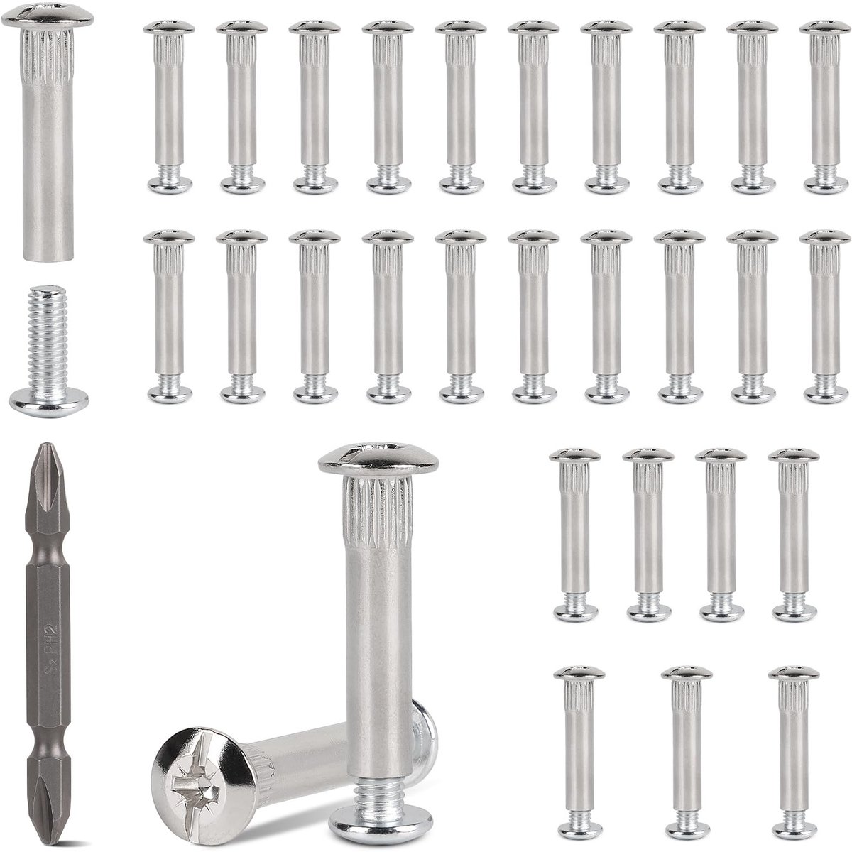 Dailygoods- Verbindingsschroeven 30 Sets - Hulsschroeven M6 - Meubelverbinders - Vernikkeld Staal - Kruiskop PH2 - Voor Houtdikte 36-46 mm - Meubelverbinder