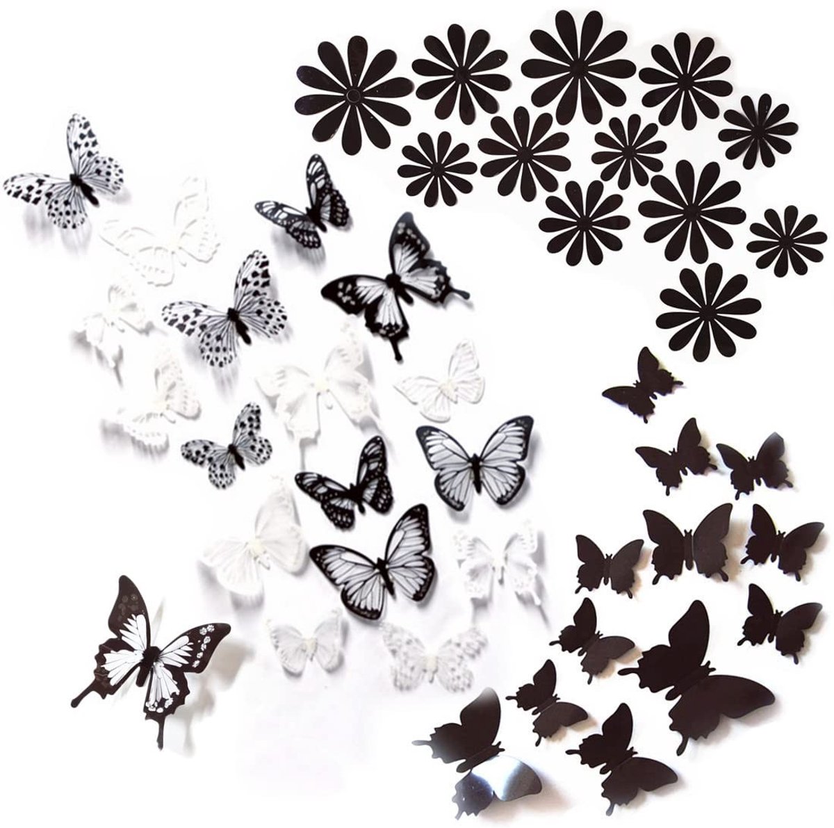 Dailygoods- Muurstickers 42 Stuks - 3D Vlinder/Bloem Decoratie - Zelfklevend PVC - Afneembaar - Glanzend Zwart/Wit - Duurzaam en Makkelijk Schoon Te Maken - Muurdecoratie