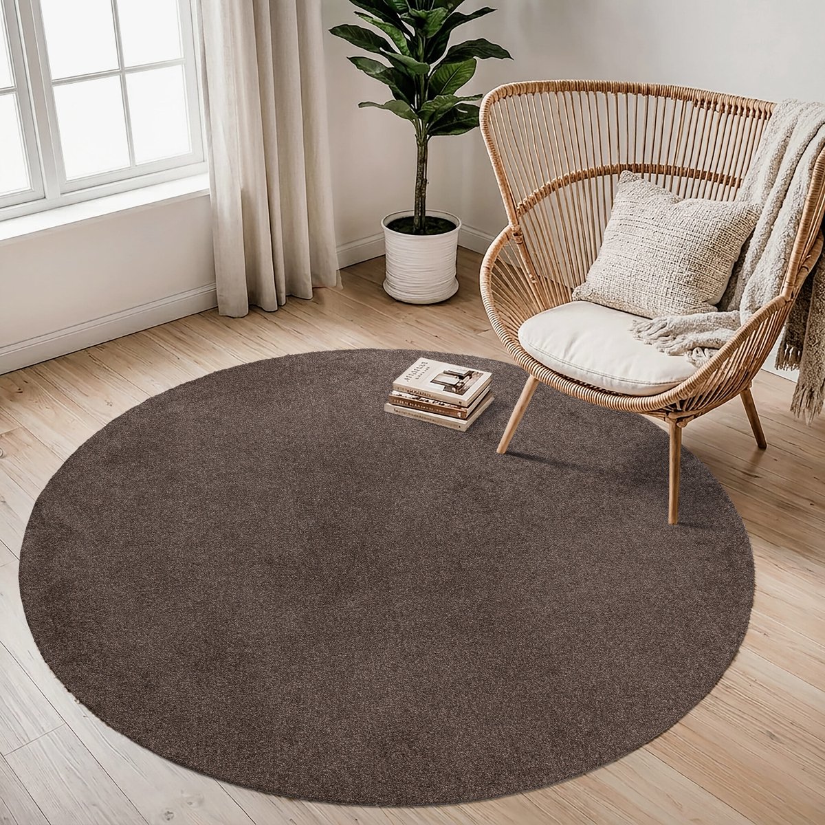 Comfy Soft - Rond Effen Vloerkleed Wasbaar Uni Bruin Donker Beige- 200 CM Ø