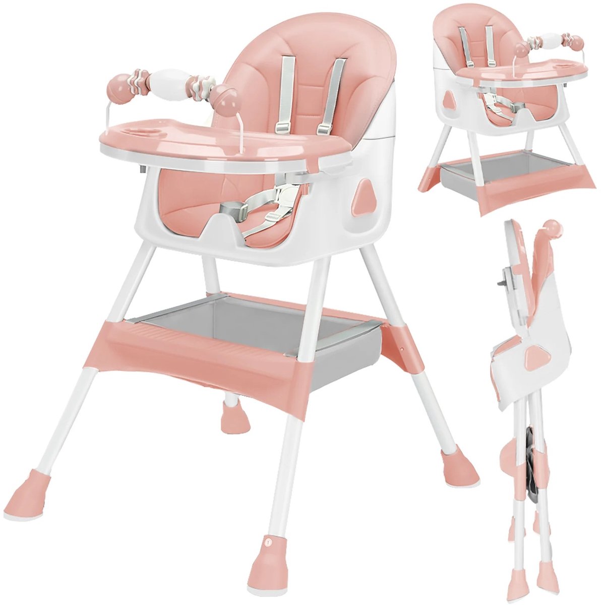 Dailygoods Kinderstoel 3 in 1, opvouwbare en verstelbare kinderstoel Baby's met afneembaar dienblad, veiligheidsgordel,
