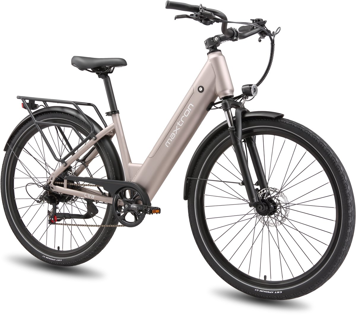 Maxtron Lira 28 Inch Elektrische Stadsfiets - 48V 15Ah Lithium-accu - Actieradius tot 140 km - 250W Motor - Hydraulische Schijfremmen - Shimano 7 Versnellingen - Max. Belastbaar 120 kg - Met Achterlicht - Goud
