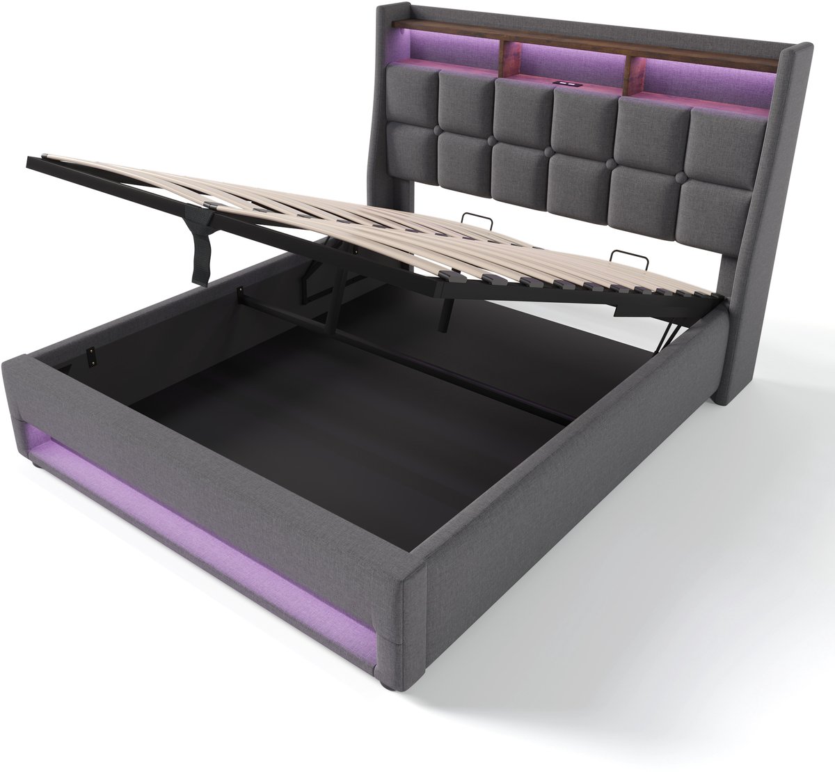 COVREO Bedframe 160x200 cm grijs, LED, USB, opbergruimte, zonder matras