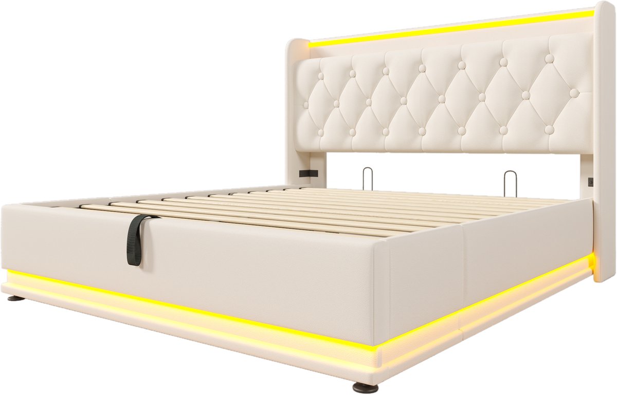COVREO Bedframe 140x200 cm - 154 cm breed, wit PU, led, zonder matras White