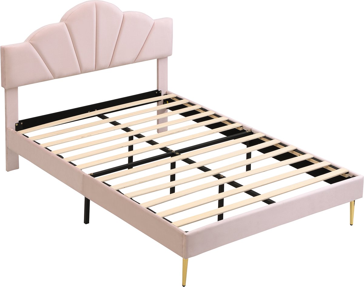 COVREO Bed 140x190 cm roze velours met verstelbaar hoofdeinde zonder matras