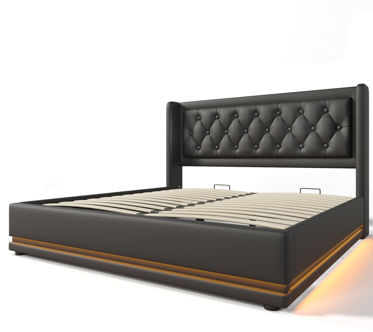 COVREO Bedframe 160x200 cm - zwart PU, opbergruimte, LED, zonder matras Black