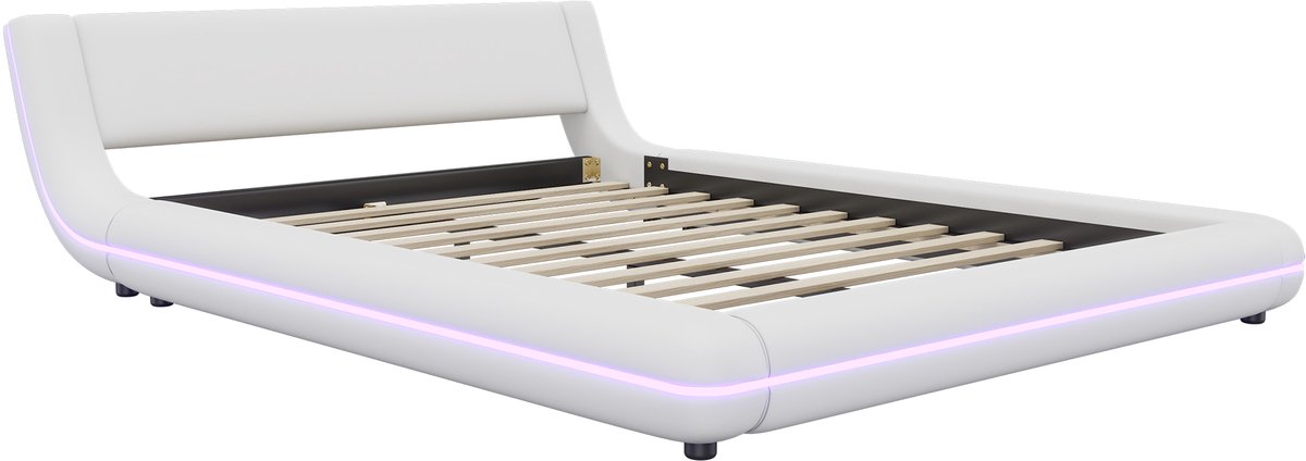 COVREO Bedframe met LED-verlichting – 140x200 cm – Bodembed van kunstleer en MDF – laag model voor slaapkamer – Wit - zonder matras