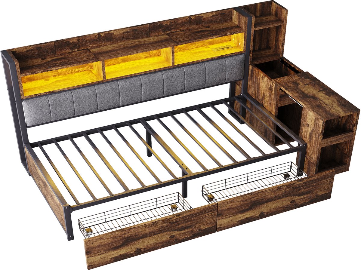 COVREO Multifunctiebed met bureau en opbergruimte – 241x114,2x113 cm – Eenpersoonsbed van metaal en hout – met lades en stopcontacten – Naturel hout - zonder matras