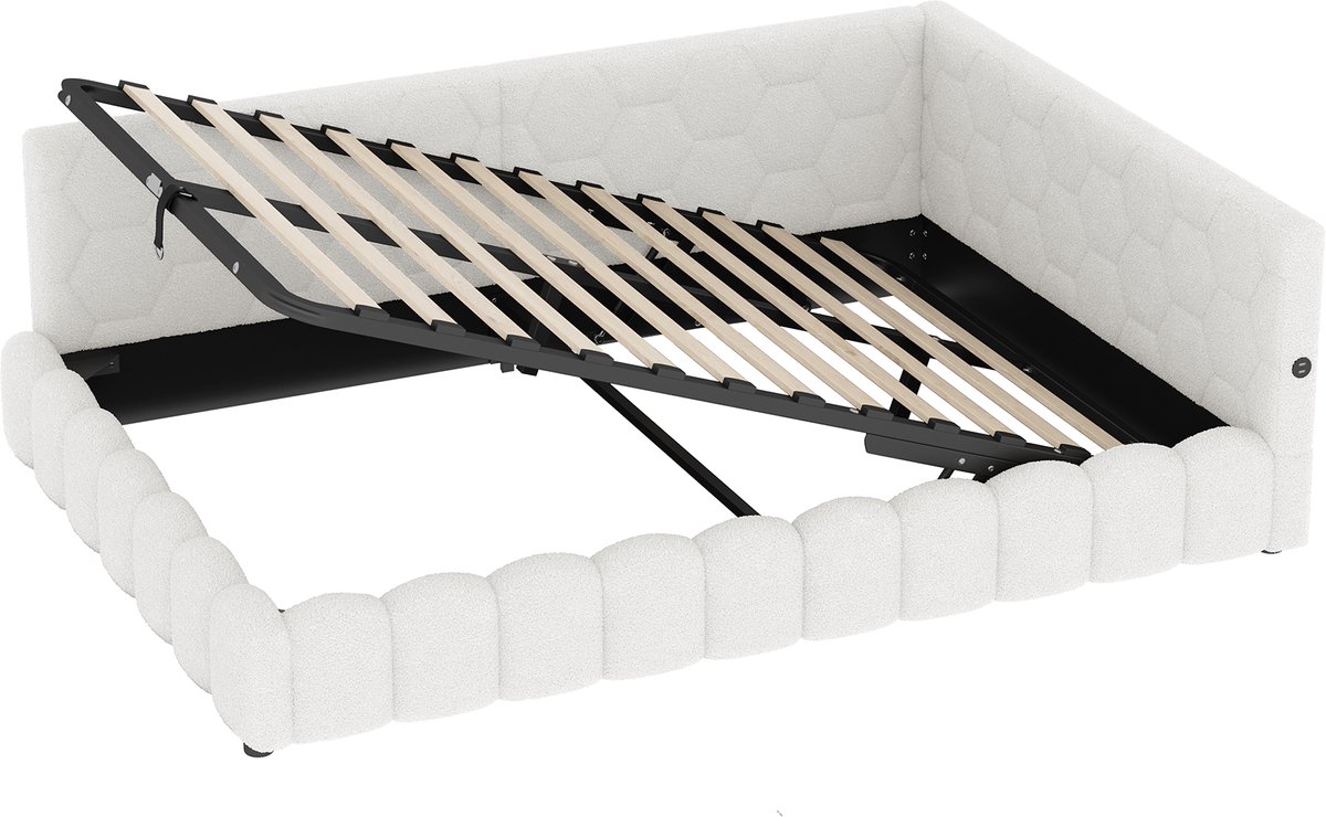 COVREO Bedbank met LED-lichtstrip en opbergruimte – 140x200 cm – Slaapbank met USB en Type-C – Daybed voor slaapkamer – Wit - zonder matras