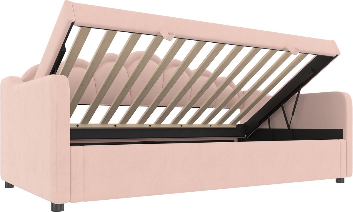 COVREO Slaapbank met opbergruimte – 90x200 cm – Dagbed met LED-strip – Eenpersoons voor slaapkamer – Roze - zonder matras