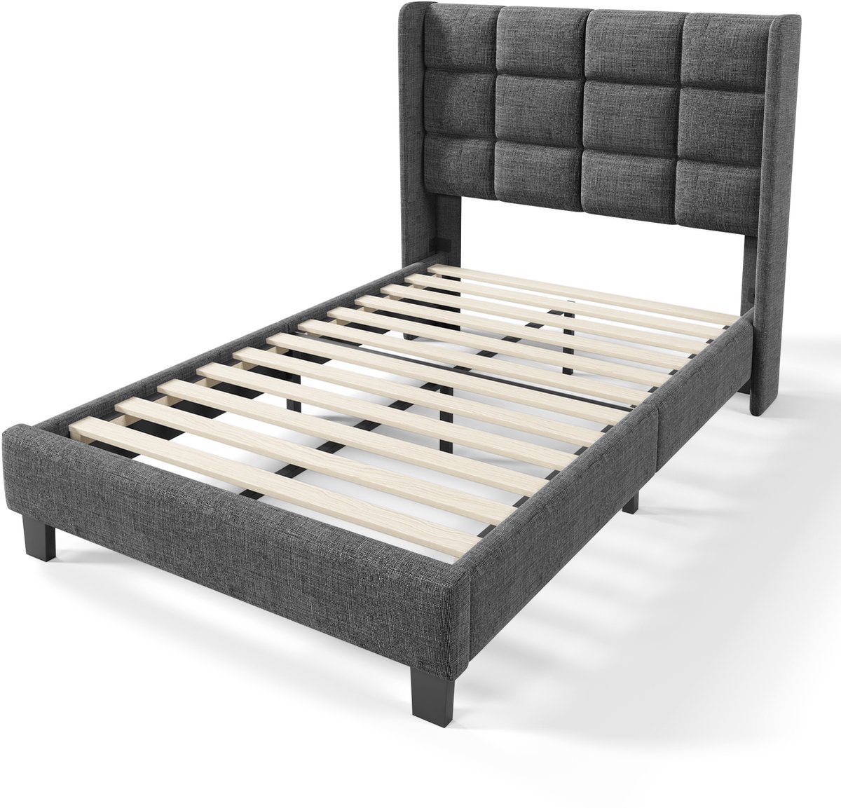 Modern design gestoffeerd bed met gestoffeerd hoofdeinde. Eenpersoonsbed met lattenbodem, 90x200 cm, grijze linnen stof, gemiddelde stevigheid (matras niet inbegrepen).