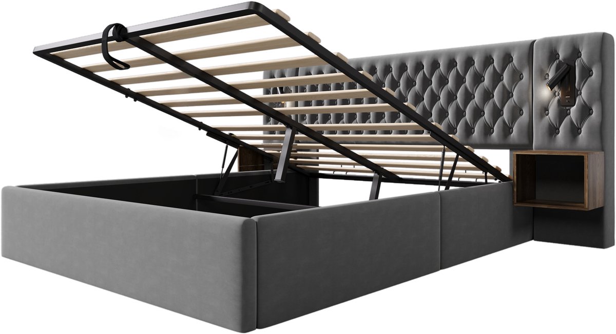 COVREO Bedframe 160x200 cm grijs velours, opbergruimte, zonder matras Gray