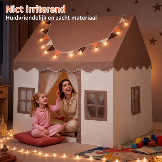 Lemonmax Kindertent speelhuisje - Prinsessentent met mat verlichting en muggennet - Voor kinderkamer binnen en buiten - 120x100x130 cm - Khaki — afbeelding 4