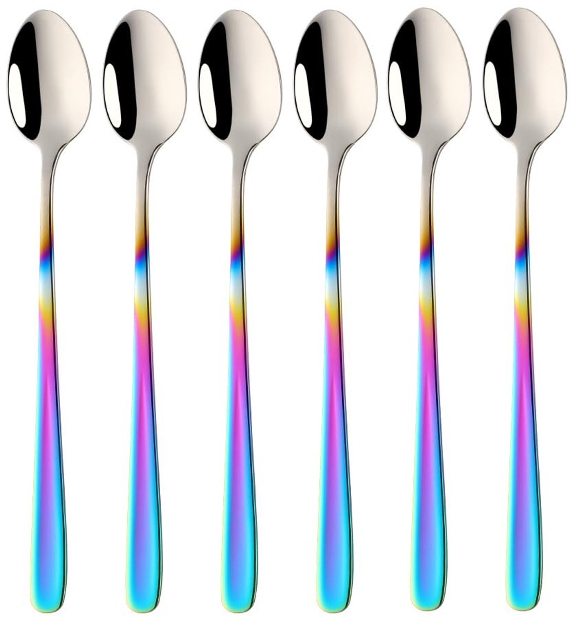 Dailygoods- Koffielepel 18/10 roestvrij staal - Lange steel - Set van 6 - Ergonomisch ontwerp - Vaatwasmachinebestendig - Kleurverloop regenboog - Lepel