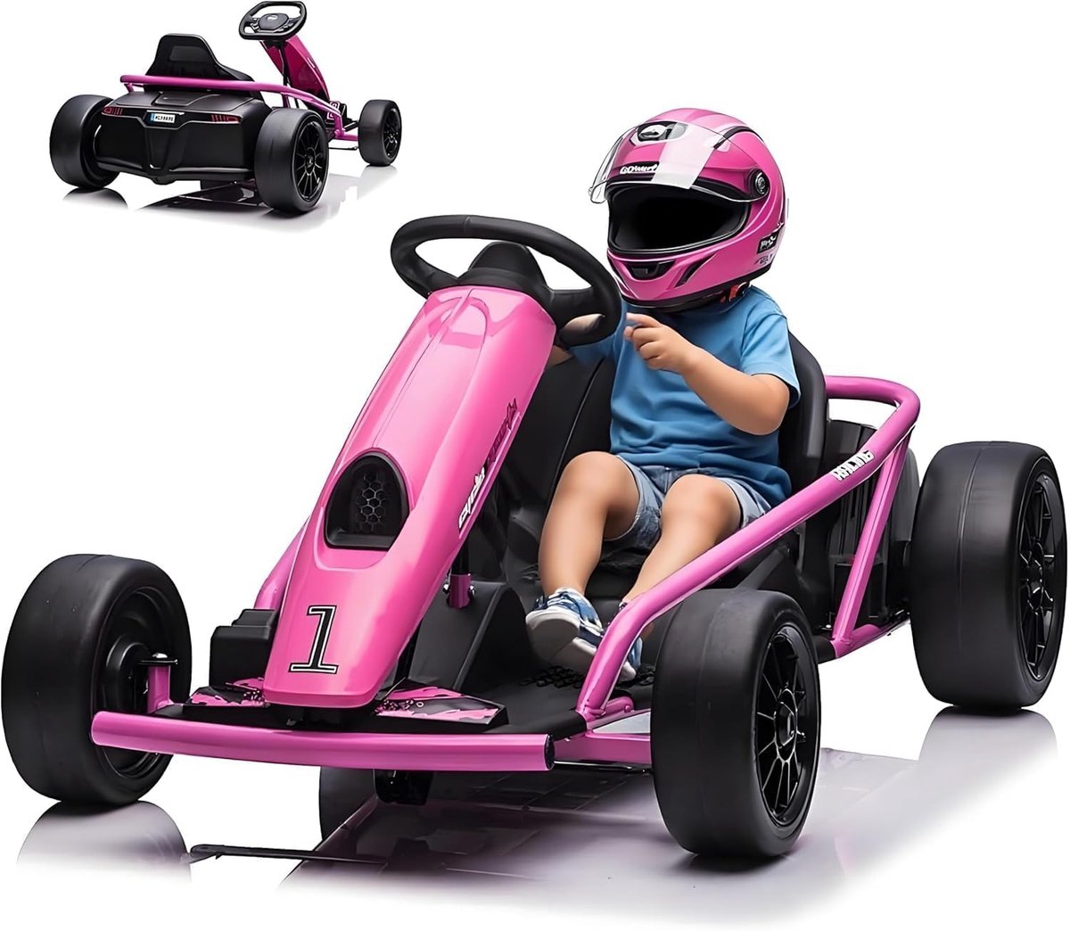 Elektrische kart voor kinderen 24 V – Elektrische auto met driftfunctie – 2 krachtige motoren van 300 W – Zachte start, muziek en claxon, volledig metalen frame – Voor kinderen van 8 tot 12 jaar – Roze
