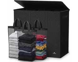 Soverdi - Drie Vakken Met Deksel - 3 in 1 Wasmand - Sorteer Wasmand - Opvouwbaar - Wassorteerder - Dichte Wasmand - Dubbele Wasmand - Laundry Basket - Wasbox - Organizer Kleding - Stof - Zwart - Zwarte - 180L