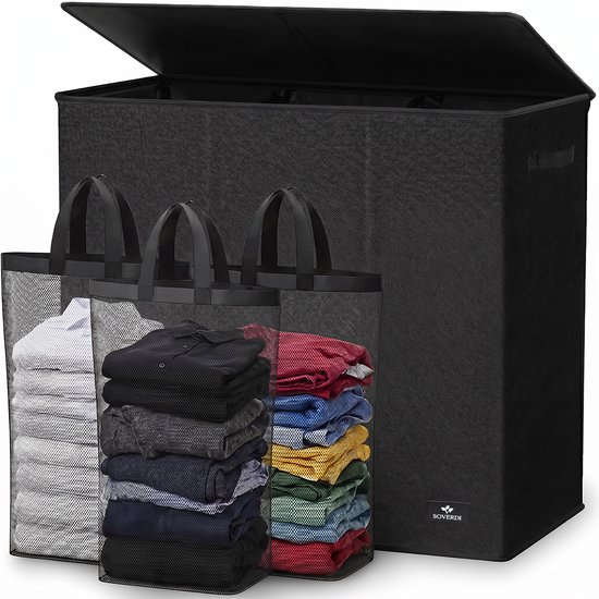 Soverdi - Drie Vakken Met Deksel - 3 in 1 Wasmand - Sorteer Wasmand - Opvouwbaar - Wassorteerder - Dichte Wasmand - Dubbele Wasmand - Laundry Basket - Wasbox - Organizer Kleding - Stof - Zwart - Zwarte - 180L