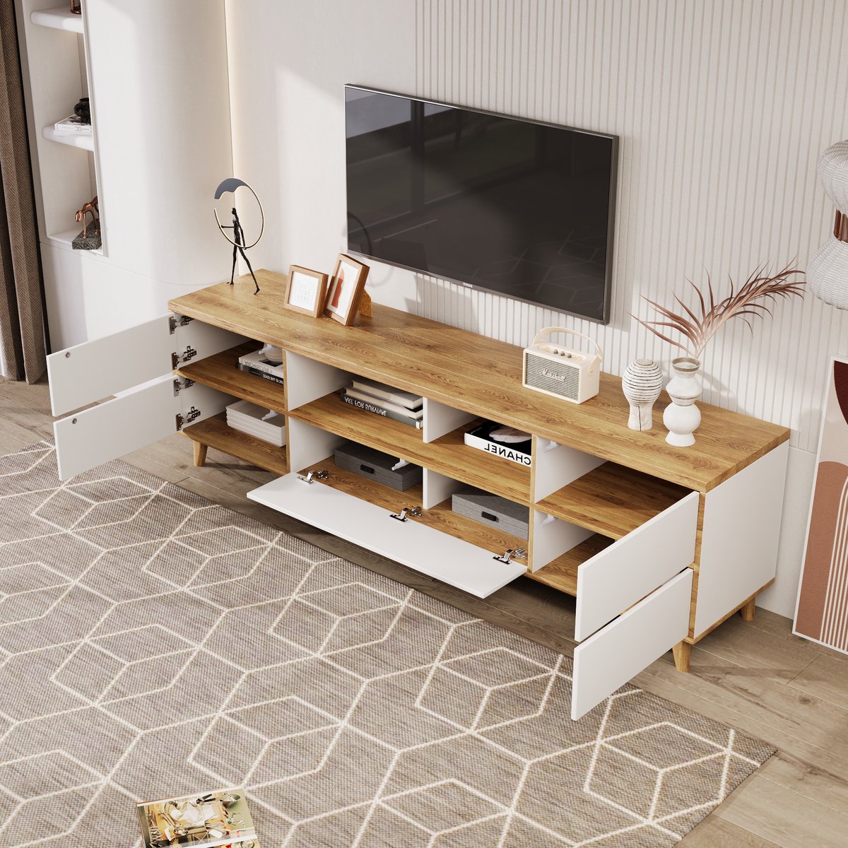 DESMIU Tv Meubel - Modern Dressoir Met 4 Deuren En Opbergruimte - Voor Woonkamer - MDF In Wit En Houtkleur - 175x37x51 Cm