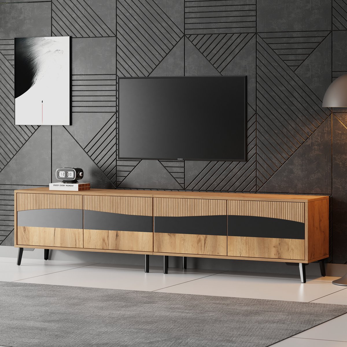 DESMIU Tv Meubel - Symmetrisch Design Met 4 Opbergvakken - Voor Woonkamer En 75 Inch Televisie - Spaanplaat - 180x40x50 Cm - Naturel Zwart Natuurlijk