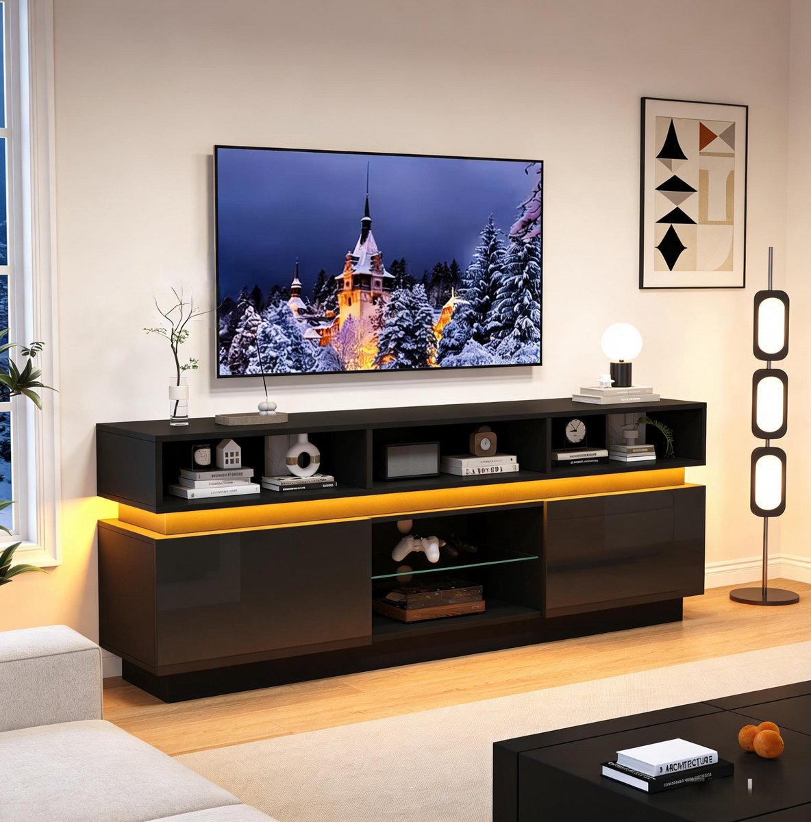 DESMIU Tv Meubel - Hoogglans Fronten Met Led Verlichting En 10 Opbergvakken - Voor Woonkamer En Kleine Ruimtes - Mdf En Glas - 160x35x60 Cm - Zwart