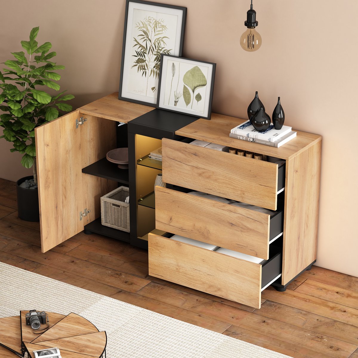 DESMIU Dressoir - Met Slimme Ledverlichting En Glasvakken - Veel Opbergruimte Voor Woonkamer En Eetkamer - Spaanplaat - 140x40x80 Cm - Zwart Bruin