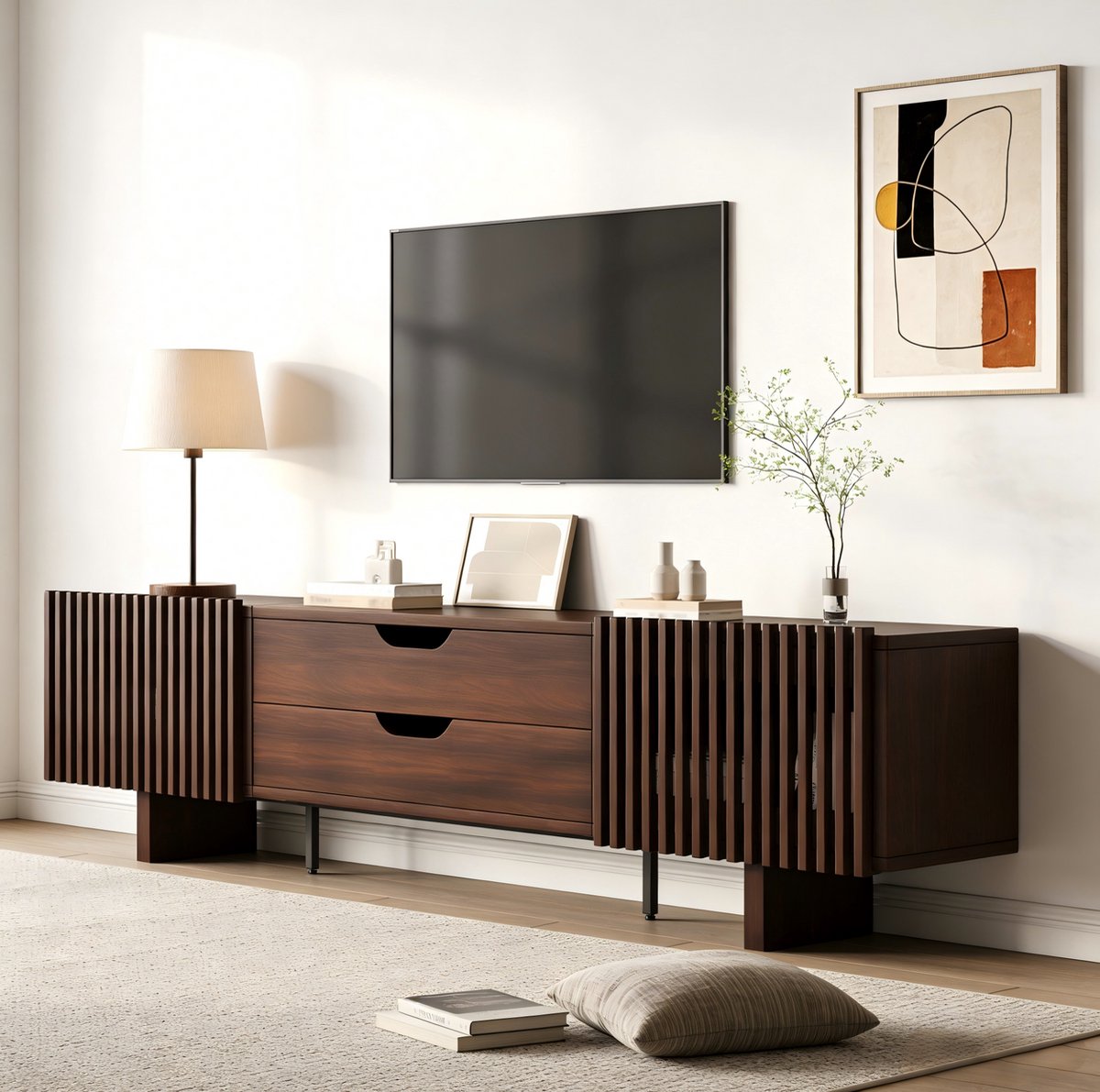 DESMIU Tv Meubel - Met 2 Lades En Lameldeuren - Voor Woonkamer En Grote Televisies Tot 75 Inch - MDF In Donker Eiken - 180x40x45 Cm
