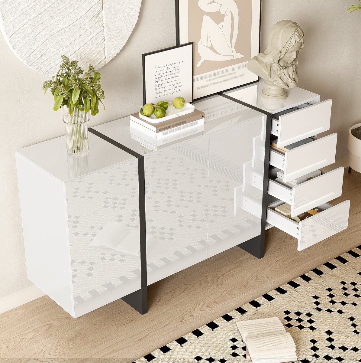 DESMIU Dressoir - Hoogglans Opbergkast Met 2 Deuren En 4 Laden - Voor Woonkamer En Eetkamer - MDF En Spaanplaat - 150x40x80,5 cm - Wit Zwart
