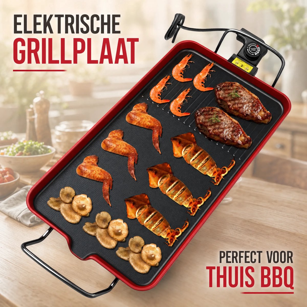Elektrische Grillplaat / Bakplaat / Tafelgrill – 70cm snoer, EU-stekker – Voor vlees, groenten, pannenkoeken, eieren & BBQ – Thuis, tuin, camping & feestjes – Incl. handleiding
