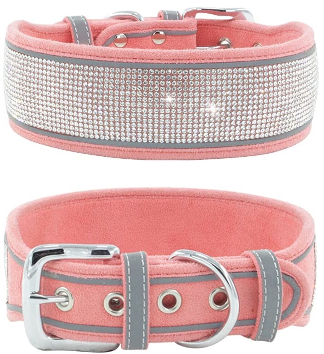 Dailygoods - Strass halsband - Reflecterend - Oogverblindend ontwerp - Roze - Zachte suède halsband - Geschikt voor middelgrote en grote honden