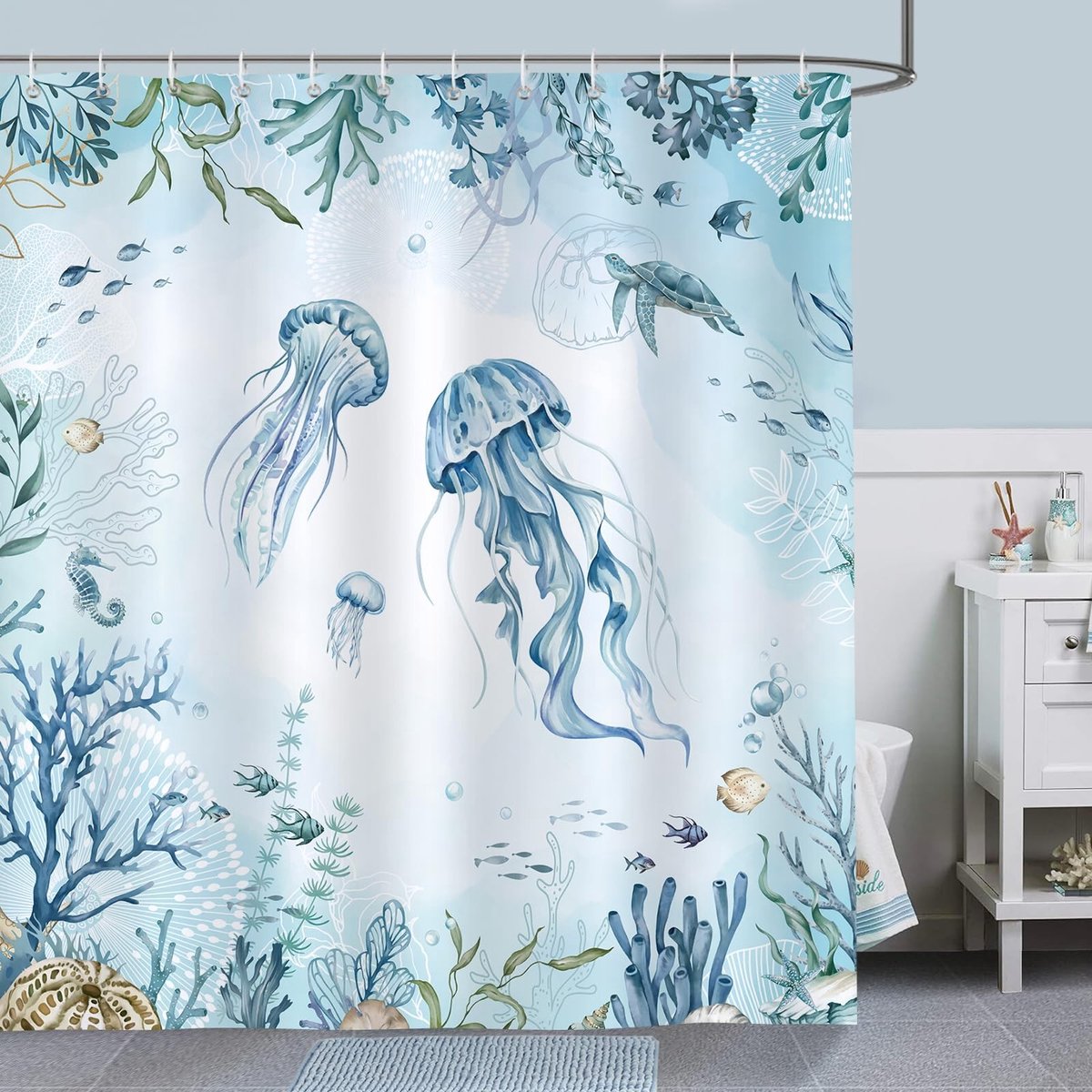 Dailygoods- Douchegordijn Oceaankwallen - Waterdicht - Schimmelbestendig - Wasbaar - 180x180 cm - Inclusief 12 Ringen - Badgordijn