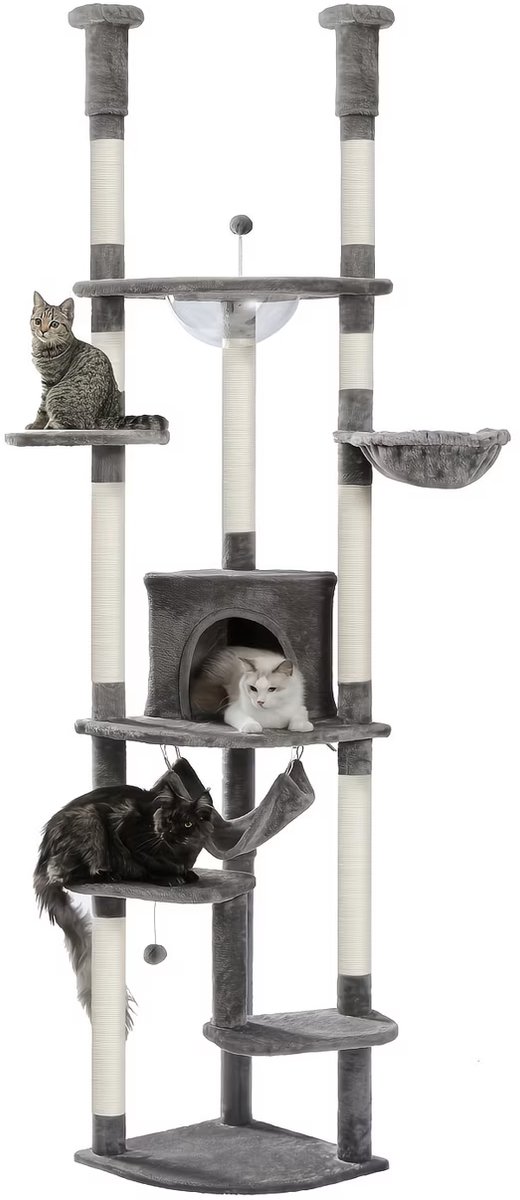 NordPaw® Kattenboom Vloer tot Plafond 236-258 cm - Verstelbare Krabpaal met Condo, Acrylnest, Hangmat & Sisal Krabpalen - Katten Klimtoren voor Meerdere Katten - Grijs