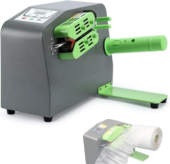 Grijze en groene luchtkussenmachine met digitale display en een rol luchtkussenfolie.