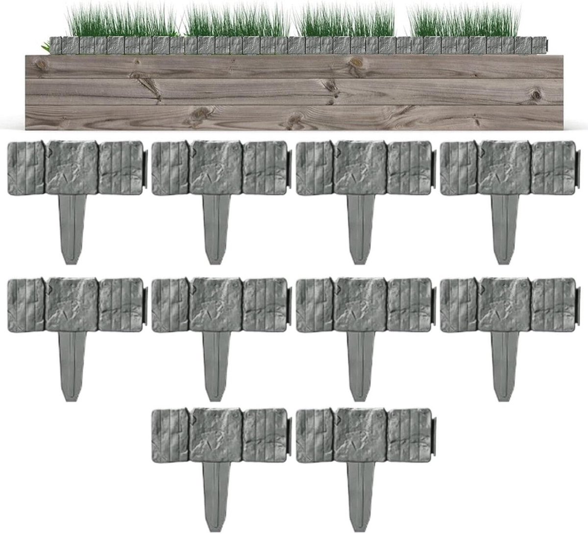 Kunststeen Tuinrand - Decoratieve Afscheiding - Tuin Ontwerpen - Zonder Graven - 10 Stuks - Grijs