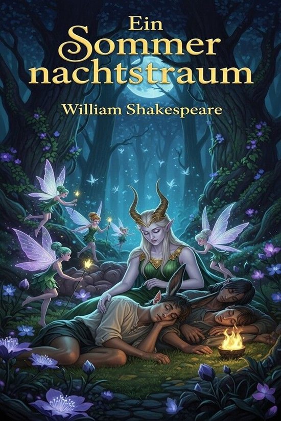 Boekomslag van Ein Sommernachtstraum met een gehoornde fee en slapende figuren in een magisch, verlicht bos.