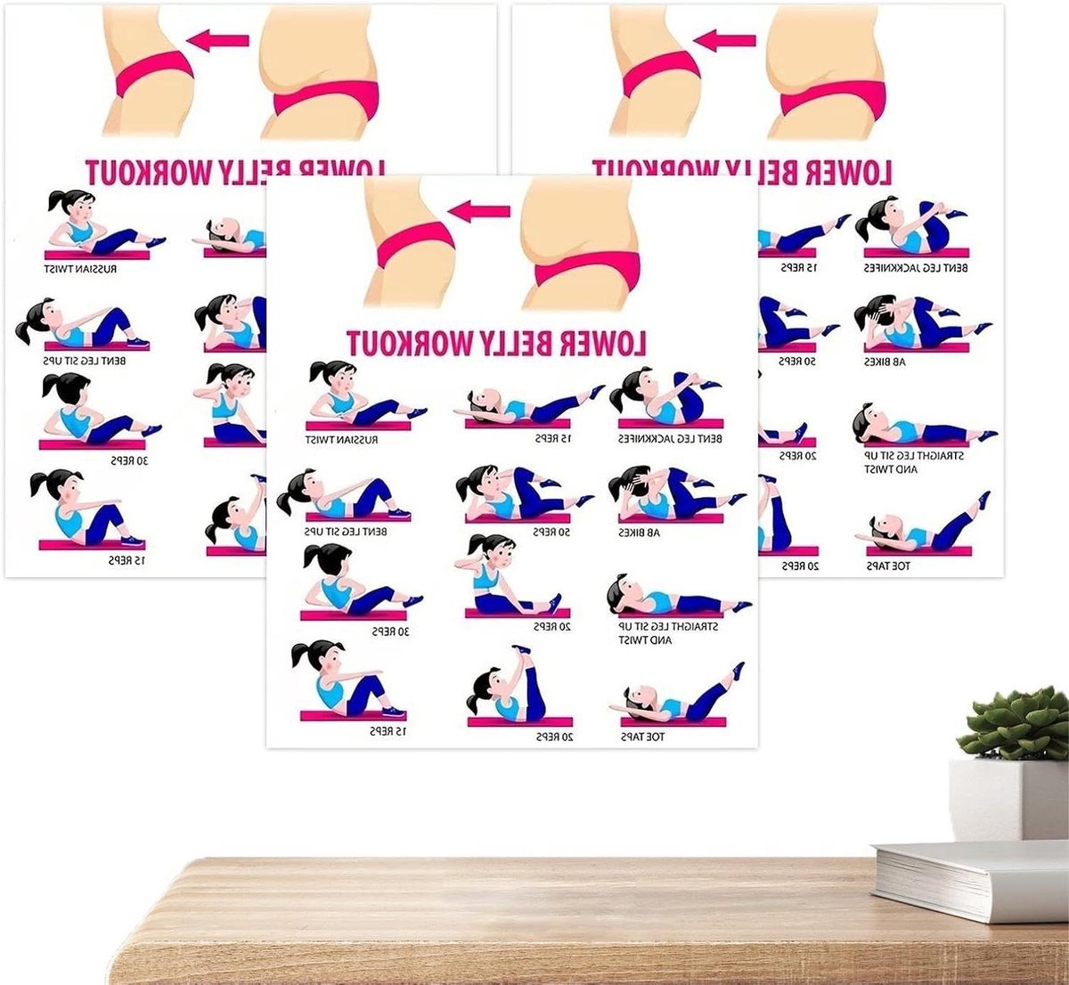 Ab Workout Poster - Buiktraining Gids - Core Kracht Opbouwen - Duidelijke Oefening Illustraties - 3 Stuks - Meerkleurig