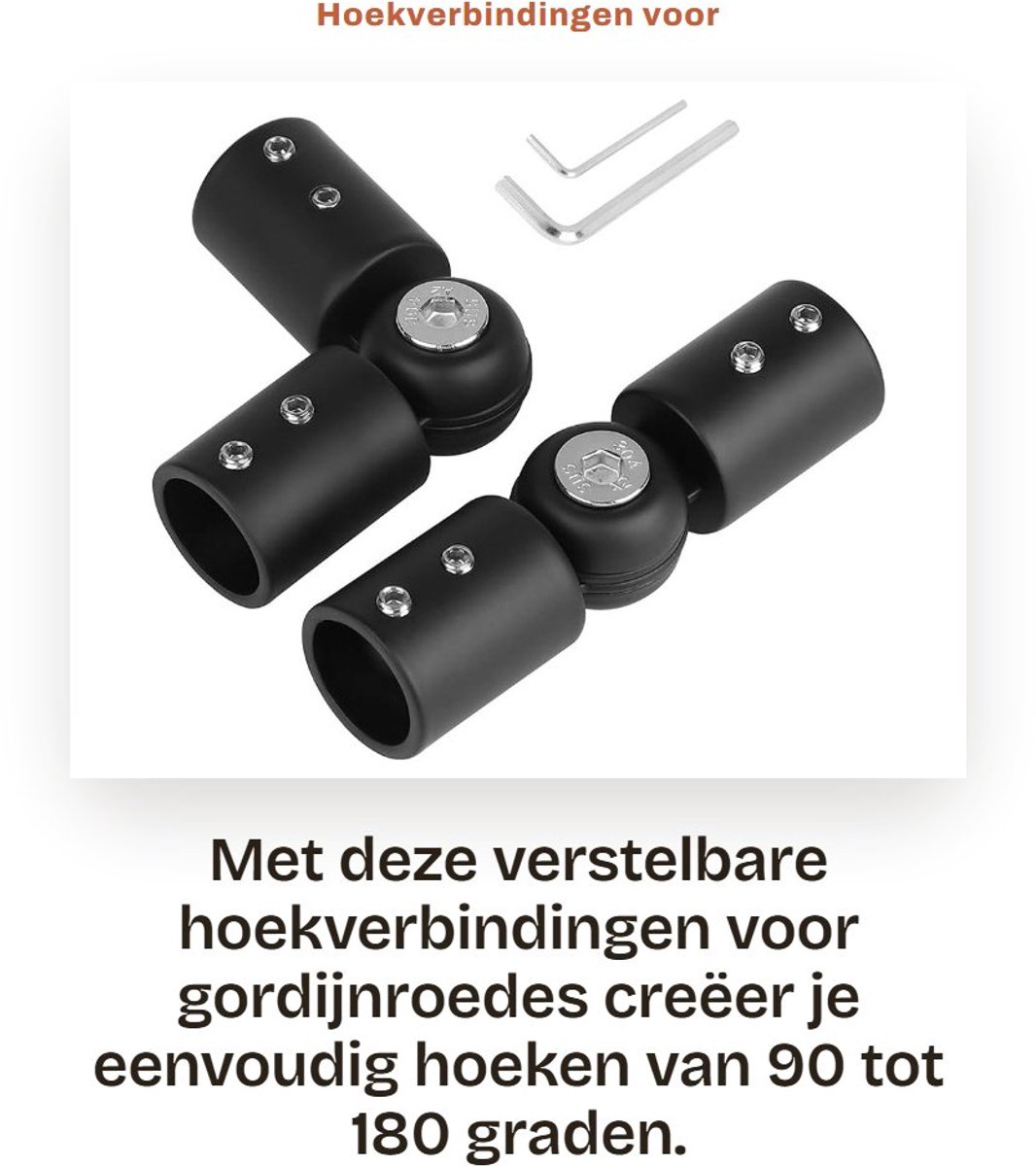 Dailygoods- Hoekverbindingen Verstelbaar 90-180 Graden - Roestvrij Staal - Hoekconnector - Gordijnroede 19 mm - Set van 2 - Inclusief Inbussleutel - Gordijnstangverbindingen