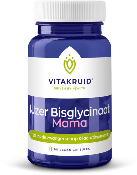 Donkerblauwe pot met wit schroefdeksel. Vitakruid logo en "IJzer Bisglycinaat Mama" op witte band. 90 vegan capsules.