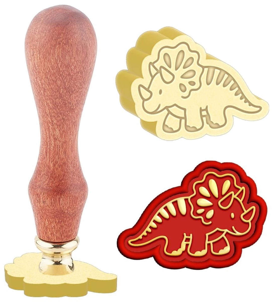 Dailygoods- Waszegelstempel Dinosaurus - Triceratops - Afneembare Messing Stempelkop - Houten Handvat - 25 x 18 mm - Uniek Cartoon Ontwerp - Zegelstempel
