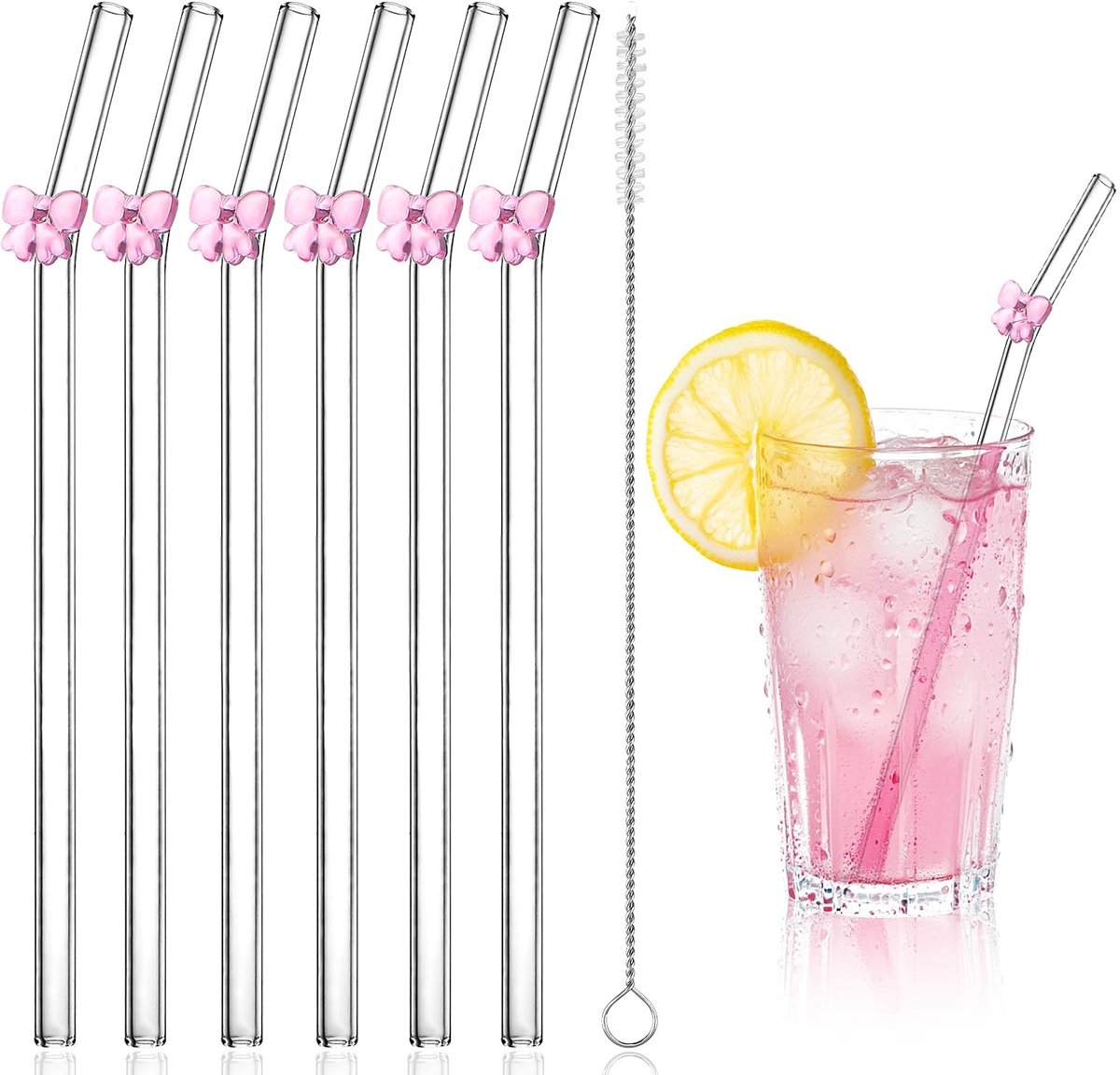 Dailygoods- Glazen Rietjes Lang - 6 Stuks Herbruikbare Rietjes - Hoogwaardig Borosilicaatglas - Inclusief Schoonmaakborstel - Uniek Strikpatroon - Vaatwasmachinebestendig