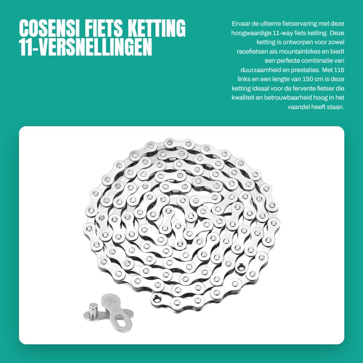 Dailygoods- Fiets Ketting 11-speed - 116 Links - Staal - 1/2 x 11/128 Inch - Kettingverbinder - 150 cm lengte - Galvanized Zilver - Fietsketting