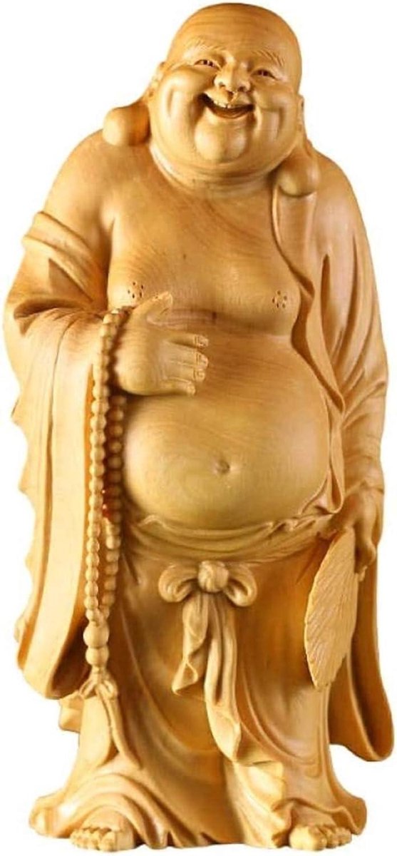 Lachende Boeddha Beeldje - Maitreya Boeddha Decoratie - Huis Decoratie - Handgesneden Buxushout - 10 x 4.5 x 5.5 cm